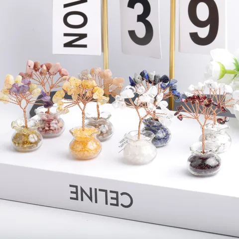 Natural Crystal Money Tree Hand Woven Copper Wire Miniature Fortune Tree Decorative Table Top Car Ornament For Wealth Luck Home Office