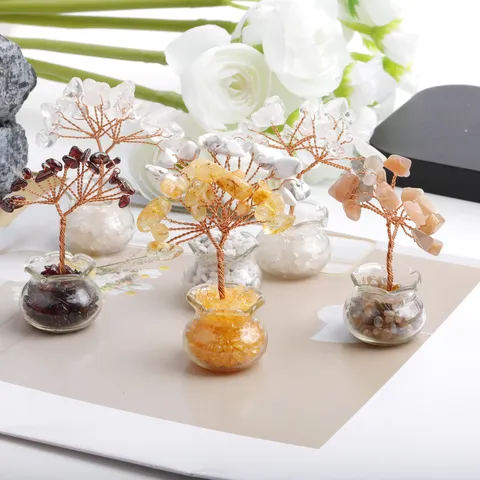 Natural Crystal Money Tree Hand Woven Copper Wire Miniature Fortune Tree Decorative Table Top Car Ornament For Wealth Luck Home Office
