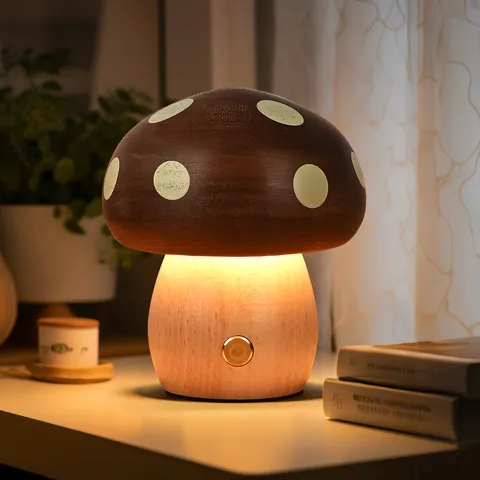 Massivholz Pilz Nachtlicht Buche Ebenholz LED Nachttischlampe USB Wiederaufladbar Kreative Schreibtisch Ornament Für Kinder Damen Geschenk