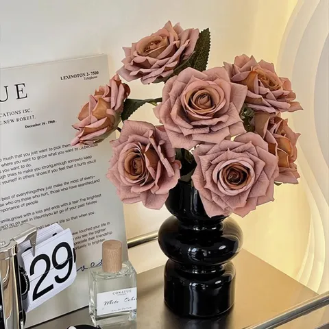 Artificial Bionic Rose Bouquet With Ceramic Vase Moisturizing Feel Silk Flower Arrangement For Home Living Room Decor