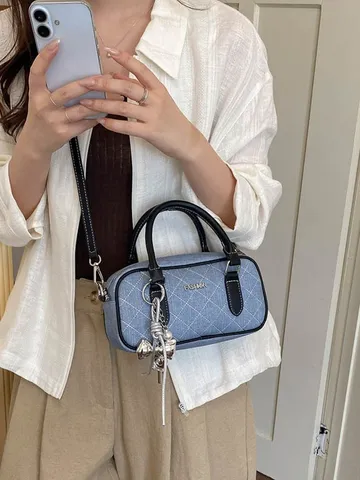 Mode Casual Denim Stoff Rautenmuster Kissentasche Für Frauen Schicke Schulter Umhängetasche Hohe Qualität Handtasche Tägliches Pendeln Reisen