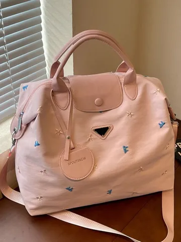 Women Large Capacity Travel Bag Nylon Synthetic Leather Embroidered Bow Tote Bag Lightweight Top Handle Shoulder Bag For Commuting Students
