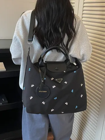 Women Large Capacity Travel Bag Nylon Synthetic Leather Embroidered Bow Tote Bag Lightweight Top Handle Shoulder Bag For Commuting Students