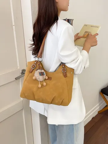 Borsa Tote da Donna Vintage in Pelle PU Grande Capacità Casual Pendolarismo Plissettata Tracolla Tinta Unita Borsa della Spesa Mano Quotidiana