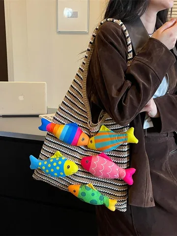 Borsa Tote da Donna Casual in Tessuto a Maglia a Righe Con Decorazione Pesce Grande Capacità Borsa da Shopping Spalla Mano Moda Viaggio