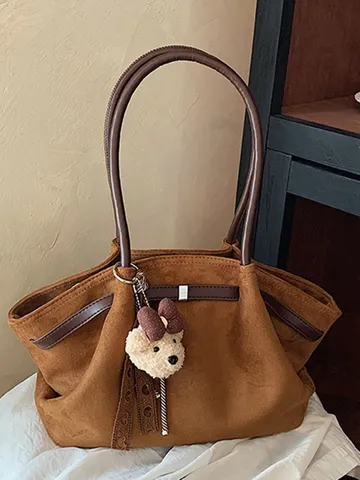 Women Pleated Suede Tote Bag Large Capacity PU Stitching Shoulder Handbag Retro Commuting Suede Underarm Bag Casual Travel Bag