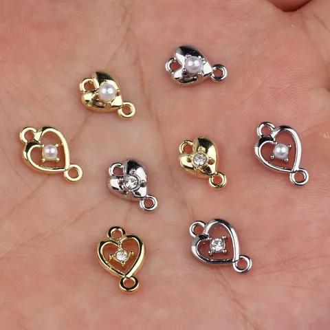 DIY Alloy Heart Charms With Artificial Pearl Zirconia Double Loop Connector For Bracelet Necklace Making Jewelry Accessory