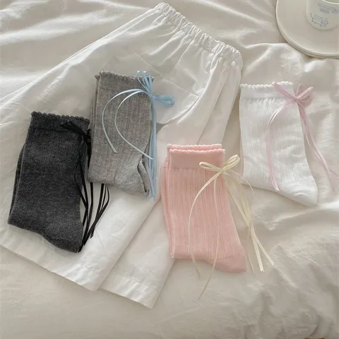 Sweet Japanese JK Style Women Crew Slouch Socks Ruffle Trim Ribbon Bow Solid Color Casual Cotton Socks