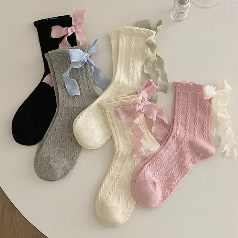 Women Mid Tube Socks Sweet Lolita Style Bowknot Ribbed Knit Cotton Socks Fashion Princess Casual Daily Hosiery