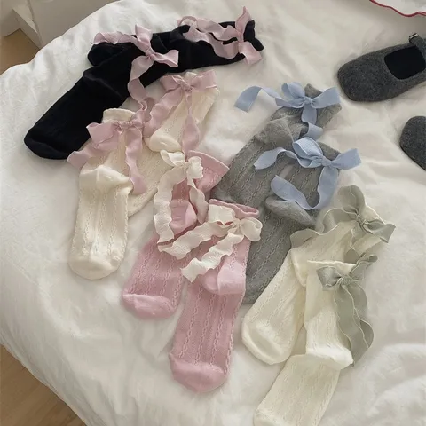 Women Mid Tube Socks Sweet Lolita Style Bowknot Ribbed Knit Cotton Socks Fashion Princess Casual Daily Hosiery