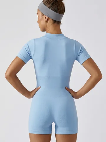 Tuta Sportiva a Manica Corta Senza Cuciture da Donna Tinta Unita Alta Elasticità Palestra Fitness Yoga Bodysuit
