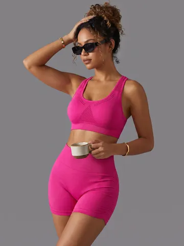 Completo da Yoga a Coste Senza Cuciture da Donna Reggiseno Sportivo e Short Push-Up Abbigliamento Fitness