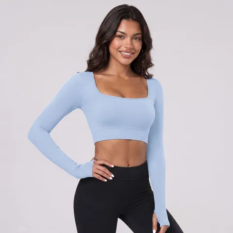 Top Sportivo a Manica Lunga a Coste Senza Cuciture da Donna Scollo U Vestibilità Slim Crop Top Fitness Allenamento Palestra