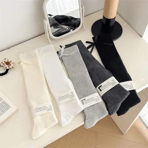 Women Cute Bowknot Calf Socks Sweet Lolita JK Uniform Cotton Knee High Slouch Socks Daily Casual Fashion Hosiery