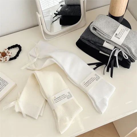 Women Cute Bowknot Calf Socks Sweet Lolita JK Uniform Cotton Knee High Slouch Socks Daily Casual Fashion Hosiery