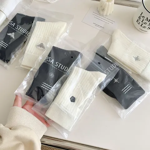 Women's Cotton Mid-Calf Socks With Embroidered Bee Camellia Star Patterns Solid Color Ribbed Knit Crew Socks Accessories