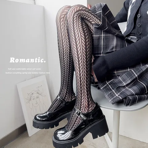 Women Japanese Lolita Jacquard Pantyhose Sweet JK Mesh Stockings High Elastic Footed Tights