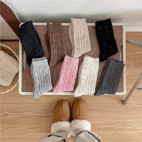 Women Winter Thickened Warm Wool Blend Crew Socks Japanese Style Cable Knit Speckled Soft Socks For Cold Weather