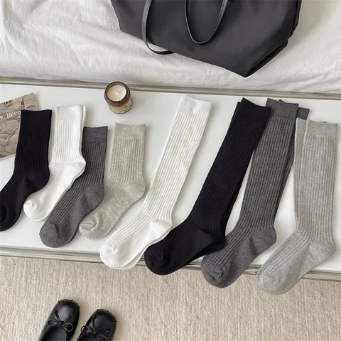 Calze al Polpaccio a Costine Stile Francese per Donna Nero Bianco Grigio Tinta Unita Cotone Traspirante Calzettoni Moda