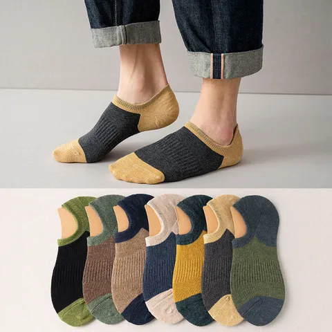 Herren Casual Baumwollmischung Füßlinge Retro Farbblock Unsichtbar Rutschfeste Niedrige Kurze Socken