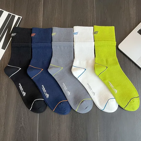 Men Cotton Mid-calf Sport Socks Embroidered Letters Double Ribbed Cuff Breathable Basketball Socks Casual Streetwear Socks