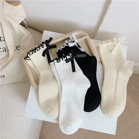 Damen Japanischer JK-Stil Wadenhohe Socken Mit Rüschenrand Und 3D-Schleife Baumwolle Gestrickt Atmungsaktiv Süße Einfarbige Modestrümpfe