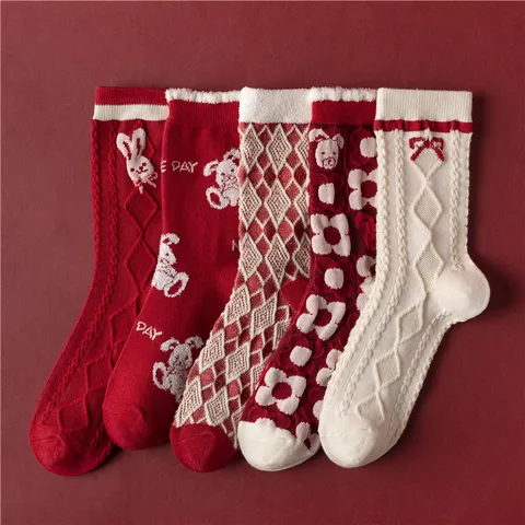 Chaussettes Mi-Mollet Festives en Coton Rouge pour Femmes Mignon Dessin Animé Lapin Ours Losanges Chaussettes Chaudes Respirantes pour Cadeau de Nouvel An