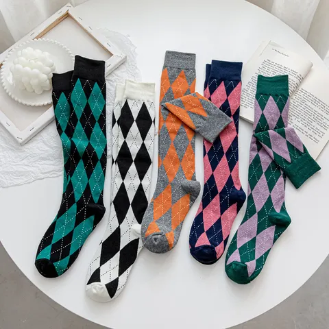 Chaussettes Hautes Femme Motif à Losanges Style Preppy Chaussettes Mi-mollet Rétro Mélange Coton Style Académie