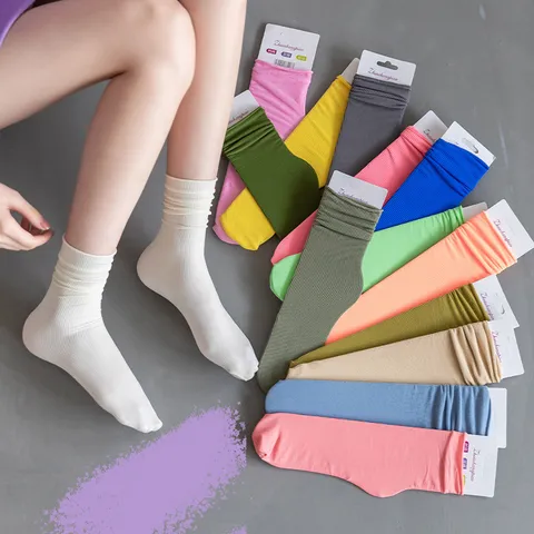 Lässige Nylon Slouch Socken Weiche Samt Atmungsaktiv Wadenhohe Socken Rippstrick Einfarbig Morandi Lässige Strumpfwaren Für Mädchen