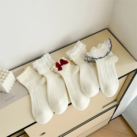 Japanese Preppy Style Lace Trim Socks Lolita Bowknot Frilly Mid-Calf Socks For Women Sweet Cotton Blend Ruffle Knee High Socks Everyday Accessories