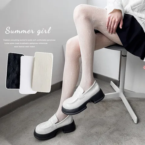 Japanischer Stil Lolita Schleife Netzstrumpfhose Für Damen Süße JK Netzstrümpfe Ajourierte Strumpfhose Schwarz Weiß Beige Legwear