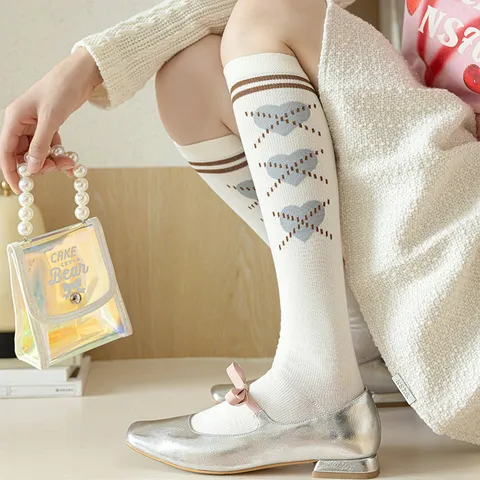 Chaussettes Hautes Style Preppy Français à Motifs Cœur pour Femmes Argyle Tricotées Mi-Bas British Academy Automne Hiver