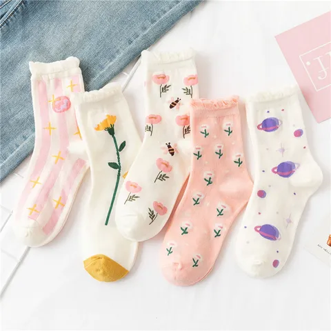 Damen Japanischer Vintage Baumwolle Socken Atmungsaktiv Rüschen Blasenmanschette Blumen Planeten Muster Daily Casual Mode Socken