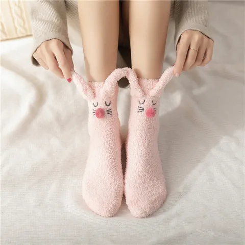 Women Cute Cartoon Rabbit Polyester Coral Fleece Thickened Warm Home Floor Socks Embroidered Fluffy Slippers Sleeping Socks For Winter
