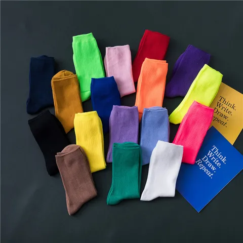 Damen Rippen Socken Baumwollmischung Doppelstrick Vertikale Streifen Neon Bonbonfarben Wadenlang Lässige Sport Socken