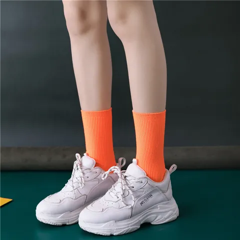 Damen Rippen Socken Baumwollmischung Doppelstrick Vertikale Streifen Neon Bonbonfarben Wadenlang Lässige Sport Socken