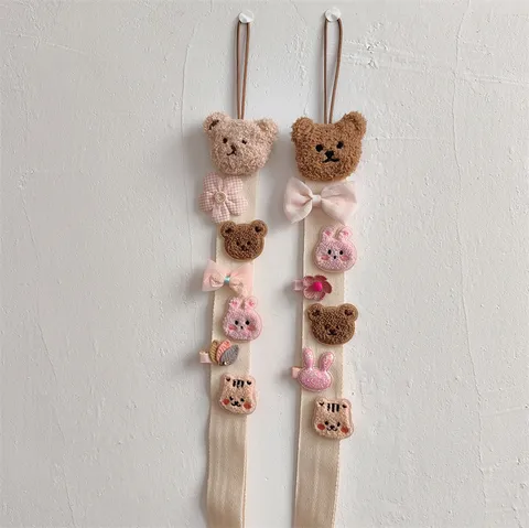 Korean Style Cute Plush Bear Hair Accessory Organizer Hanging Strap For Girls Hairpins Storage Wall Decor Polyester Plush Nursery Organization
