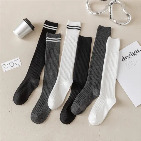 Damen Kniestrümpfe Baumwolle Doppelstreifen Wadenstrümpfe Sportlich Preppy Stil Lange Socken Vielseitige Einfarbige Strümpfe