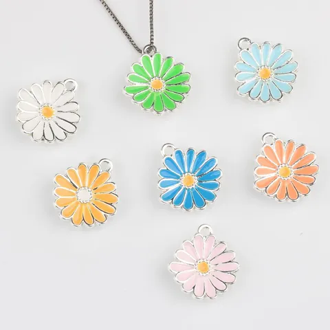 Simple Alloy Enamel Daisy Charms Bright Silver Base Small Flower Pendants For DIY Necklace Bracelet Earring Making Jewelry Accessories