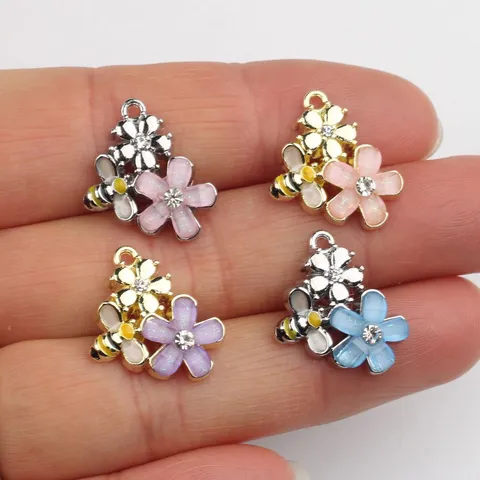 Bee Flower Charms DIY Alloy Rhinestone Enamel Pendants For Necklace Bracelet Earring Jewelry Making Handmade Craft Components