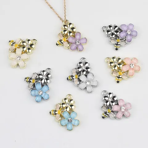 Bee Flower Charms DIY Alloy Rhinestone Enamel Pendants For Necklace Bracelet Earring Jewelry Making Handmade Craft Components