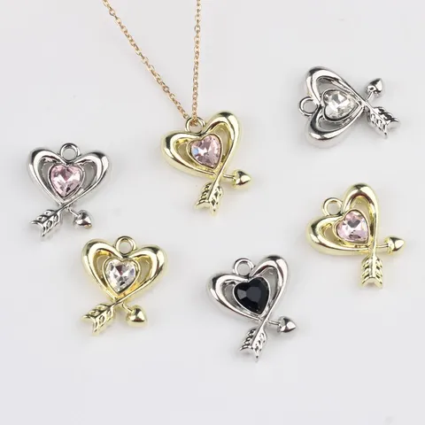Minimalist Zinc Alloy Heart Shape Cupid Arrow Pendant Charm With Rhinestone Inlay Sparkly Romantic Crafting Making Accessories