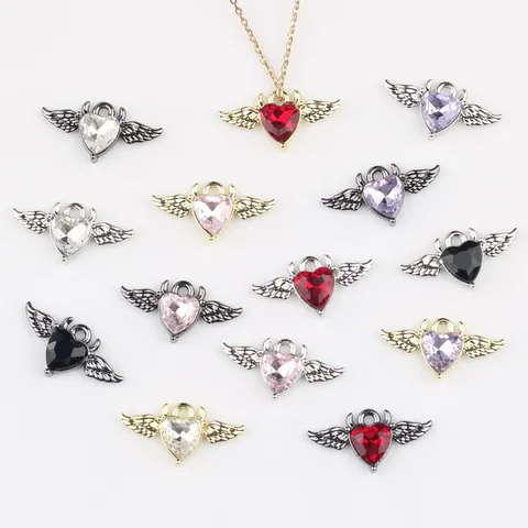 Minimalistischer Legierung Herz Dämon Flügel Anhänger Strass Einlage DIY Halskette Armband Schmuck Zubehör
