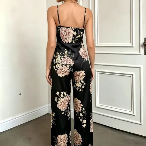 Women Sexy Satin Pajamas Set Black Floral Printed Cami Top And Bottom Long Pants Elegant Sleepwear Loungewear Home Wear