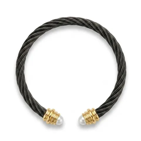 Brazalete de Cable Trenzado de Acero Inoxidable Chapado en Oro de 18K para Mujer Abierto en Forma de C Ajustable Con Perla Artificial