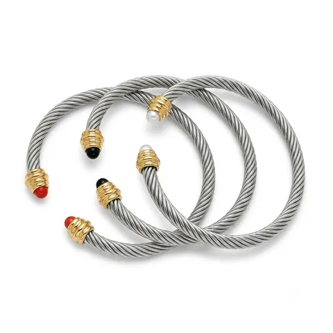 Brazalete de Cable Trenzado de Acero Inoxidable Chapado en Oro de 18K para Mujer Abierto en Forma de C Ajustable Con Perla Artificial