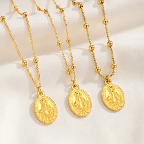Collar con Colgante de la Virgen María de Acero Inoxidable Retro Religioso Cadena de Serpiente Medalla Milagrosa para Mujer