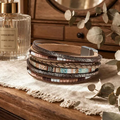 Boho Handgewebt Mehrschichtig Kunstleder Armband Für Damen Legierung Magnetverschluss Herz Kreuz Strass Armreif Schmuck Geschenk