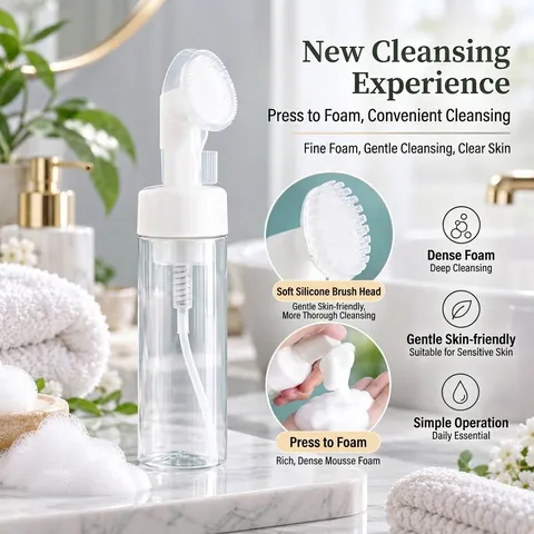 Portable Foam Dispensing Bottle With Silicone Massage Brush Head Transparent Press Type Cleansing Foamer For Facial Cleanser