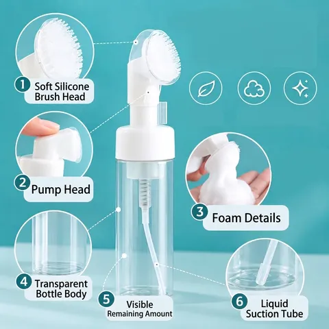 Portable Foam Dispensing Bottle With Silicone Massage Brush Head Transparent Press Type Cleansing Foamer For Facial Cleanser